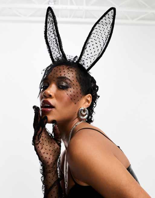 FhyzicsShops DESIGN headband with bunny ears and glove set in black mesh design