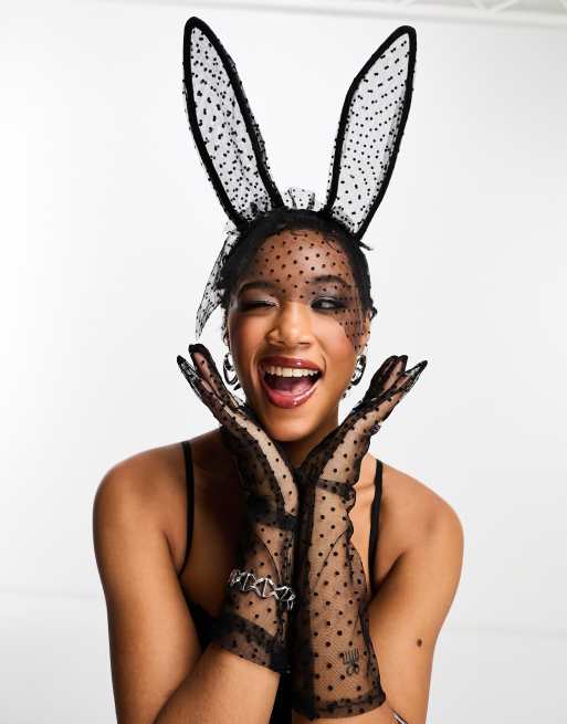 ASOS DESIGN headband with bunny ears and glove set in black mesh design