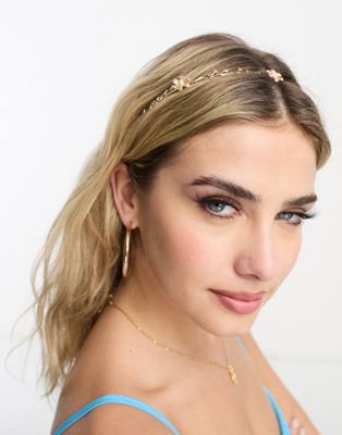 ASOS DESIGN headband with floral and pearl design in gold tone