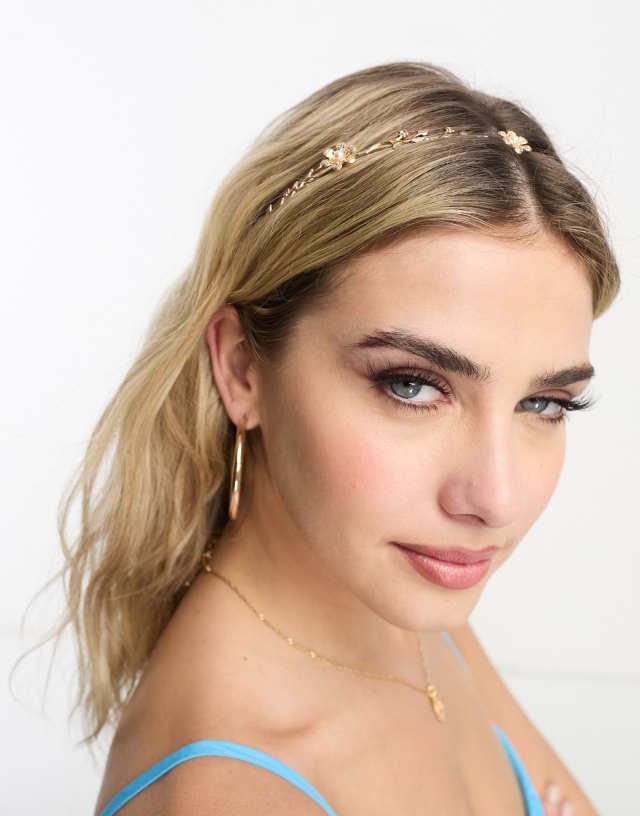 ASOS DESIGN headband with floral and pearl design in gold tone