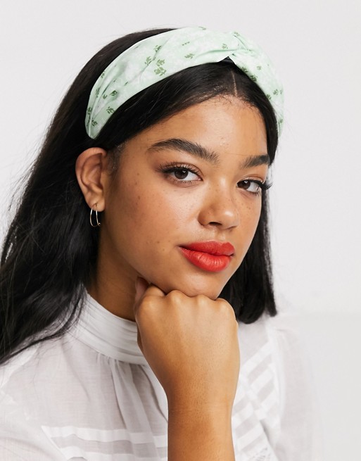 ASOS DESIGN headband with knot front in green ditsy floral print