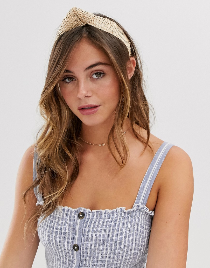 ASOS DESIGN headband with knot front in wicker-Cream