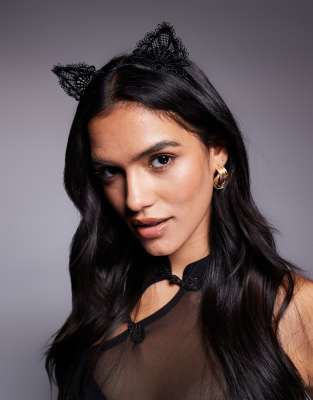 Asos Design Headband With Lace Fluffy Cat Ears In Black