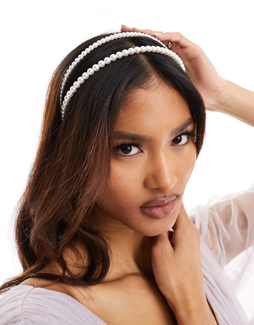 ASOS DESIGN headband with multirow pearl design-Gold