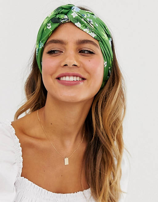 ASOS DESIGN headband with oversized twist in floral print in green | ASOS