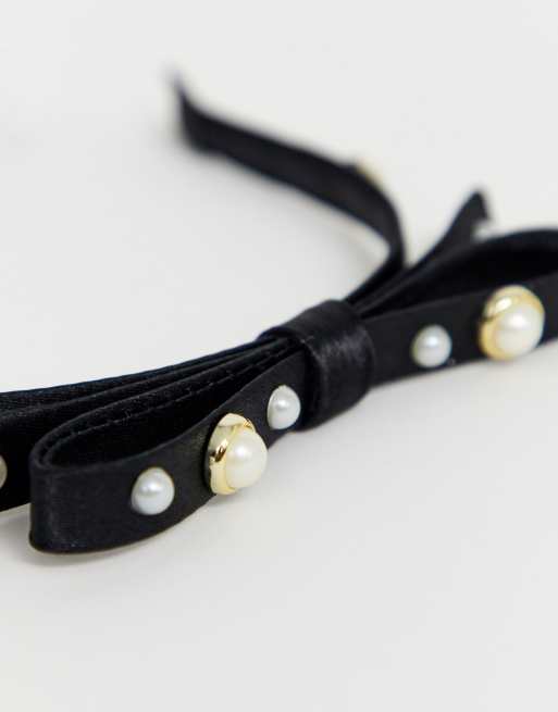 ASOS DESIGN bow hair clip with pearls in black velvet