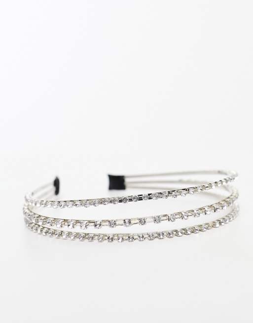 ASOS DESIGN headband with triple row with crystal design in silver tone, 2 of 4