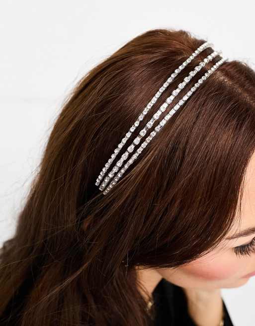 ASOS DESIGN headband with triple row with crystal design in silver tone, 4 of 4