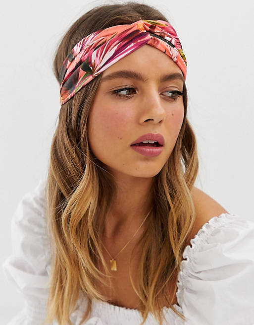 ASOS DESIGN headband with twist front in palm print in pink | ASOS