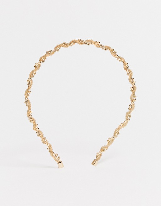 ASOS DESIGN headband with wire and ball twist in gold tone