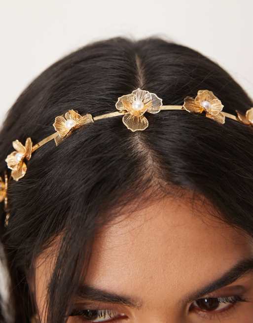 ASOS DESIGN headband with wire floral detail in gold tone, 2 of 3