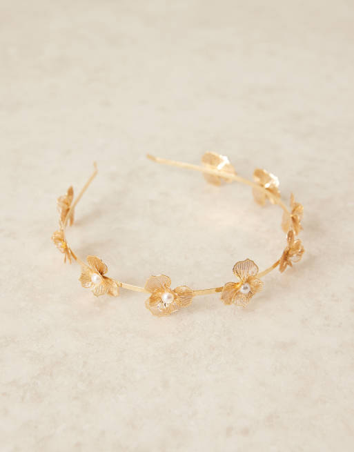 ASOS DESIGN headband with wire floral detail in gold tone, 3 of 3