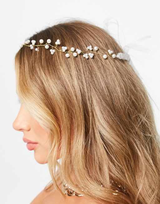 ASOS DESIGN headpiece with pearl floral detail in gold, 2 of 4