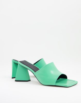 ASOS DESIGN Healing premium leather mid heeled mules in green