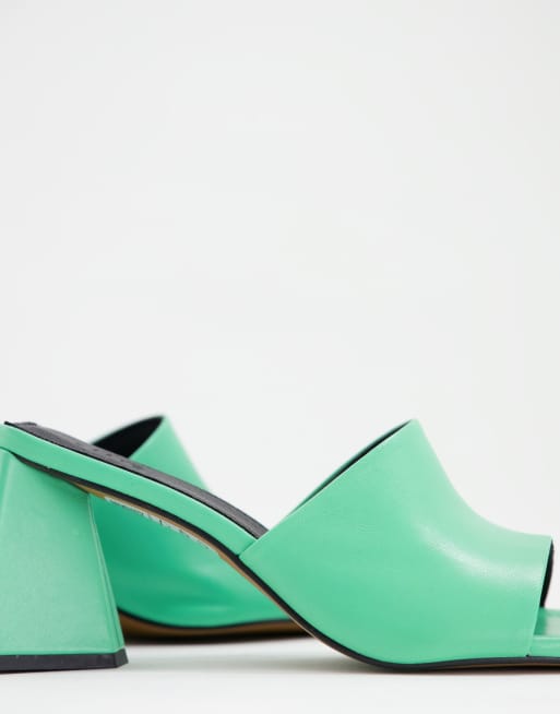 ASOS DESIGN Healing premium leather mid heeled mules in green  , 3 of 4