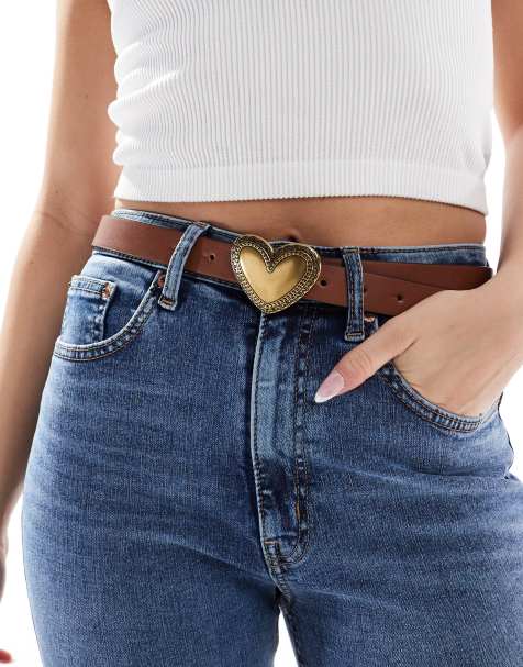 ASOS DESIGN heart buckle waist and hip jeans belt in tan - view 1