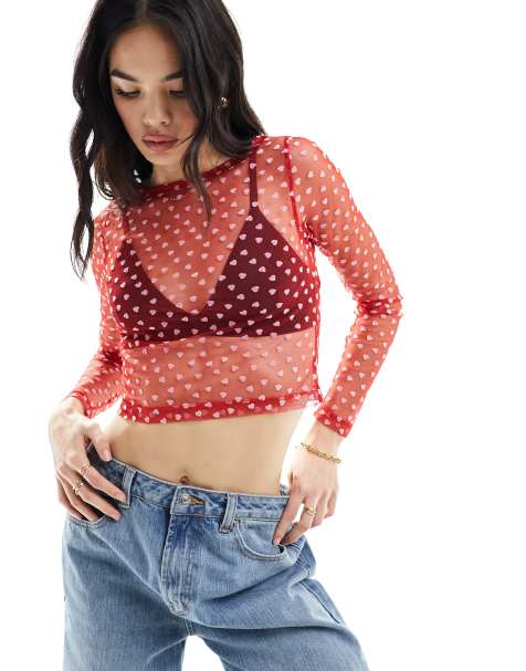 ASOS DESIGN heart mesh top in red - view 1