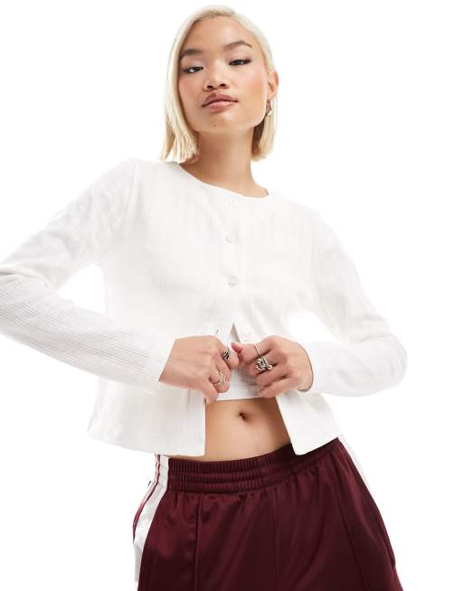 ASOS DESIGN heart pointelle neat fit cardigan in ivory