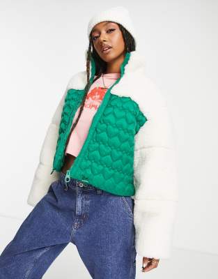 ASOS DESIGN heart quilted padded borg jacket in green - ASOS Price Checker