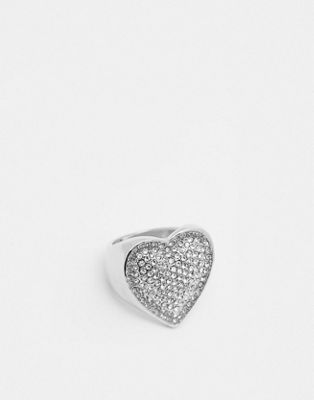ASOS DESIGN heart signet ring with clear crystal pave in silver tone