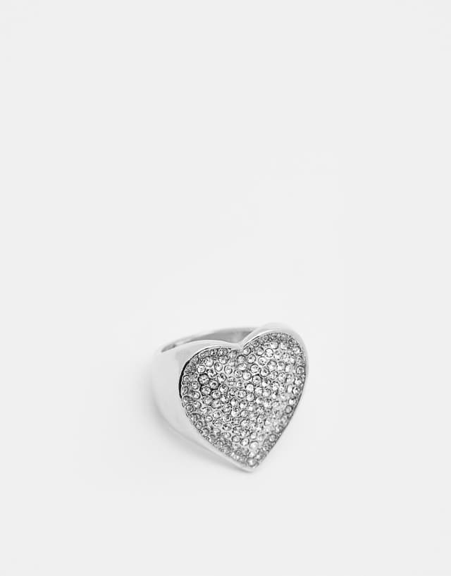 ASOS DESIGN heart signet ring with clear crystal pave in silver tone