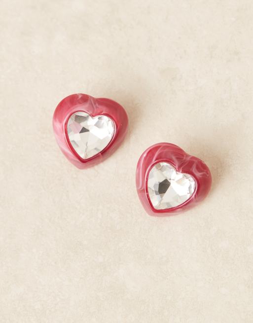 ASOS DESIGN heart stone set earrings with faux sparkly crystal in pink tone, 2 of 3