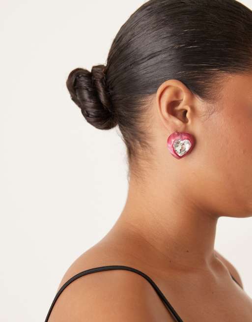 ASOS DESIGN heart stone set earrings with faux sparkly crystal in pink tone, 3 of 3