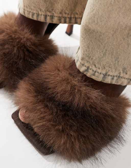 ASOS DESIGN Heartbreak faux fur mid heeled mules in brown, 3 of 4