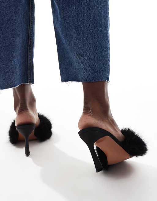 ASOS DESIGN Heartbreak fur mid heeled mules in black, 2 of 4