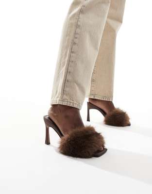 ASOS DESIGN Heartbreak fur mid heeled mules in brown