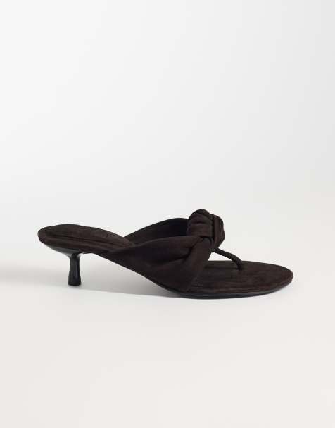 ASOS DESIGN Heartbreak premium knotted heeled toe thongs in chocolate suede - view 1