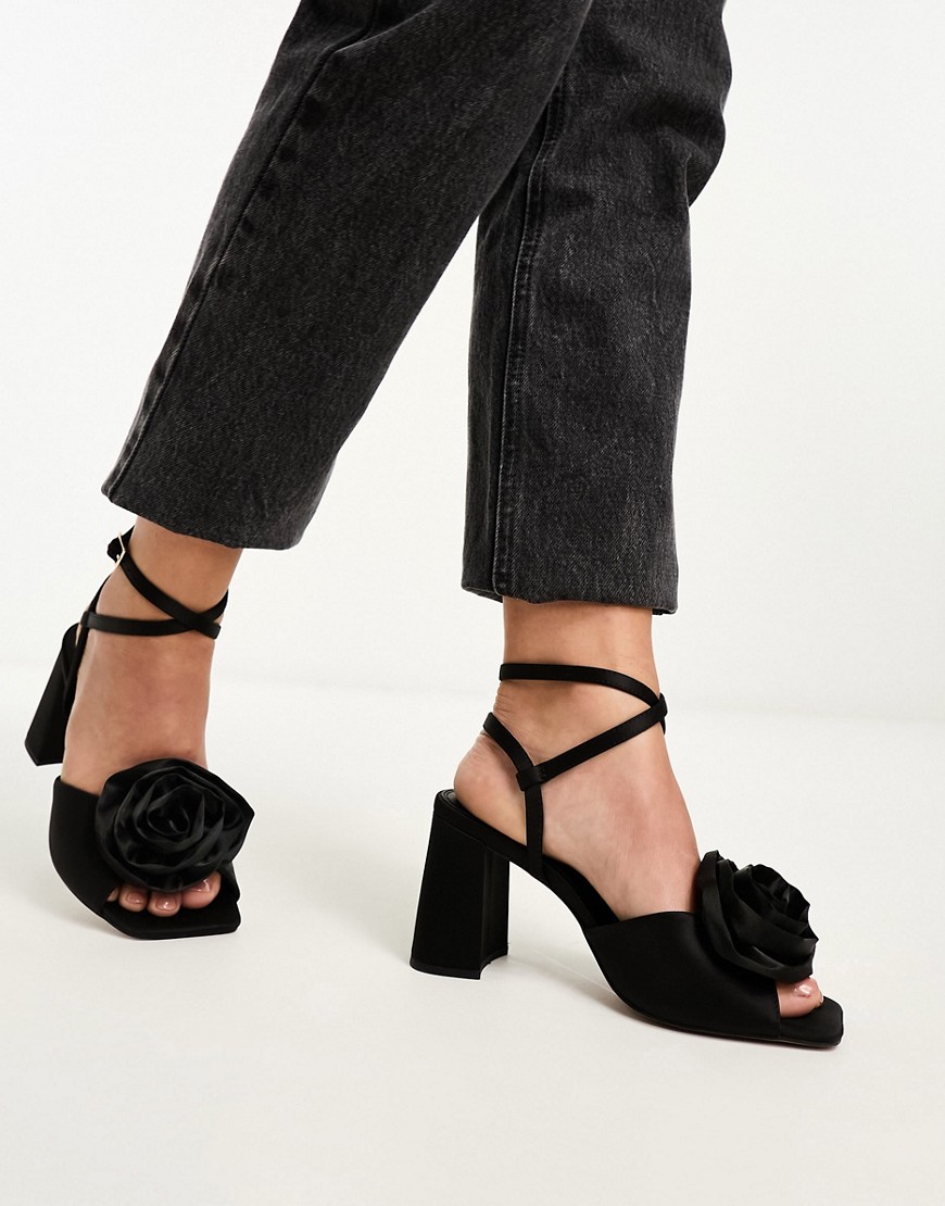 Asos Design Heather Corsage Detail Mid Heeled Sandals In Black