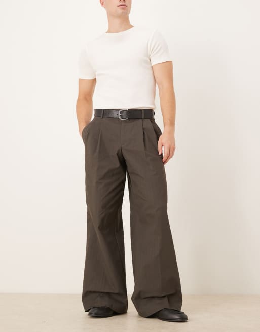 ASOS DESIGN heavy cotton blend loose leg dress pants in brown herringbone
