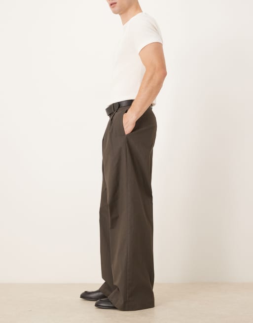 ASOS DESIGN heavy cotton blend loose leg dress pants in brown herringbone