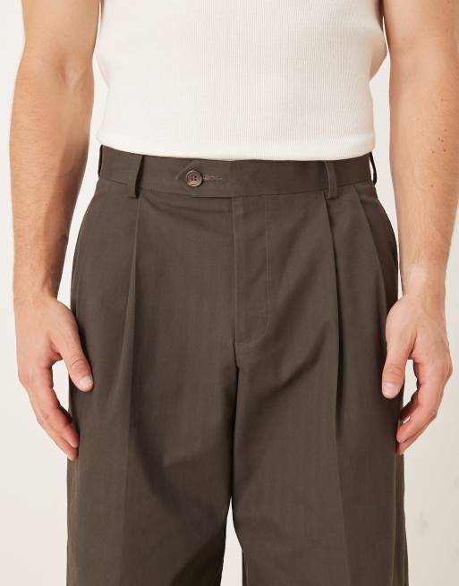 ASOS DESIGN heavy cotton blend loose leg dress pants in brown herringbone