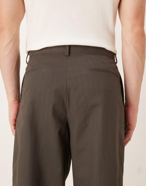 ASOS DESIGN heavy cotton blend loose leg dress pants in brown herringbone