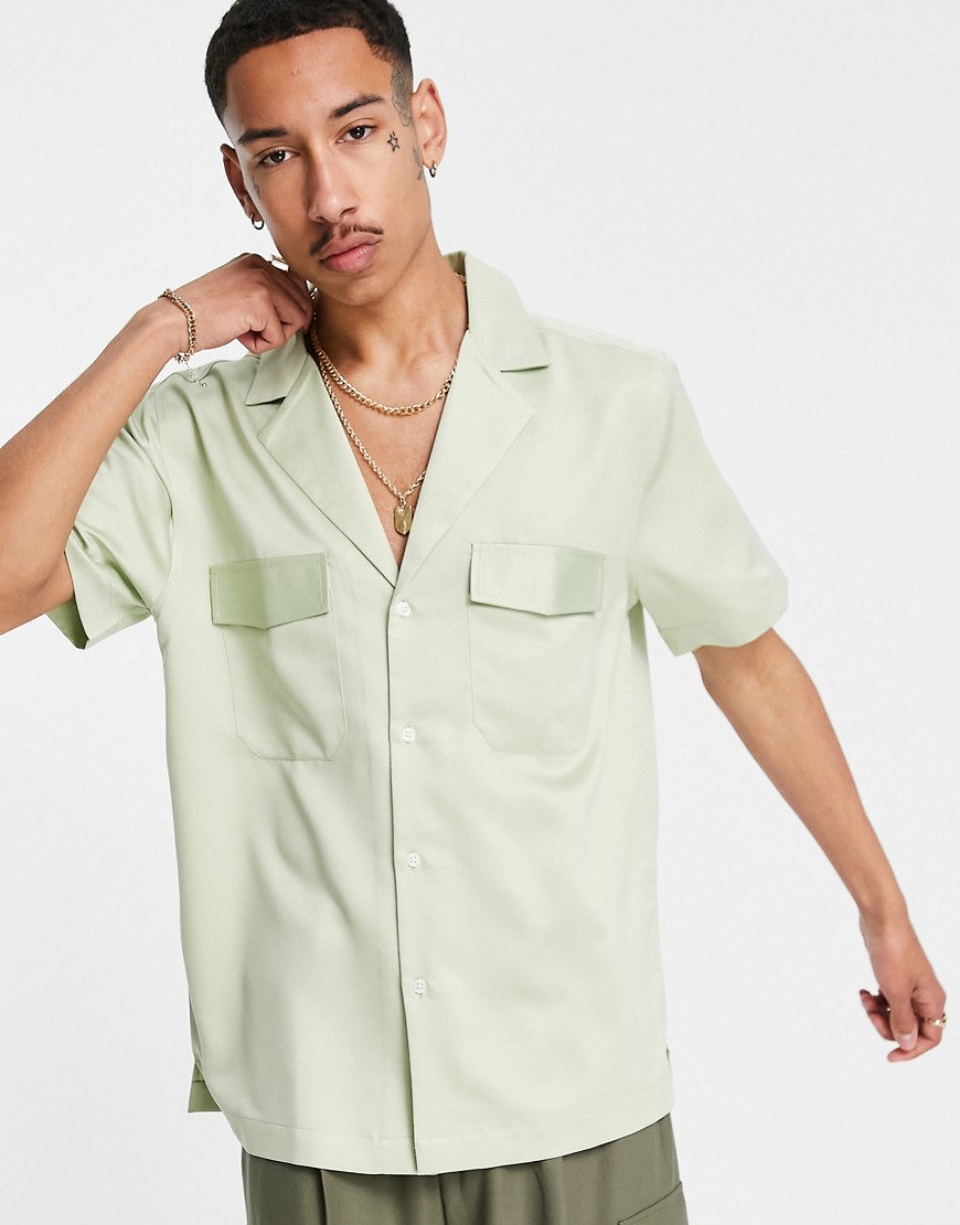 ASOS DESIGN heavy matte satin shirt with revere collar in mint-Green