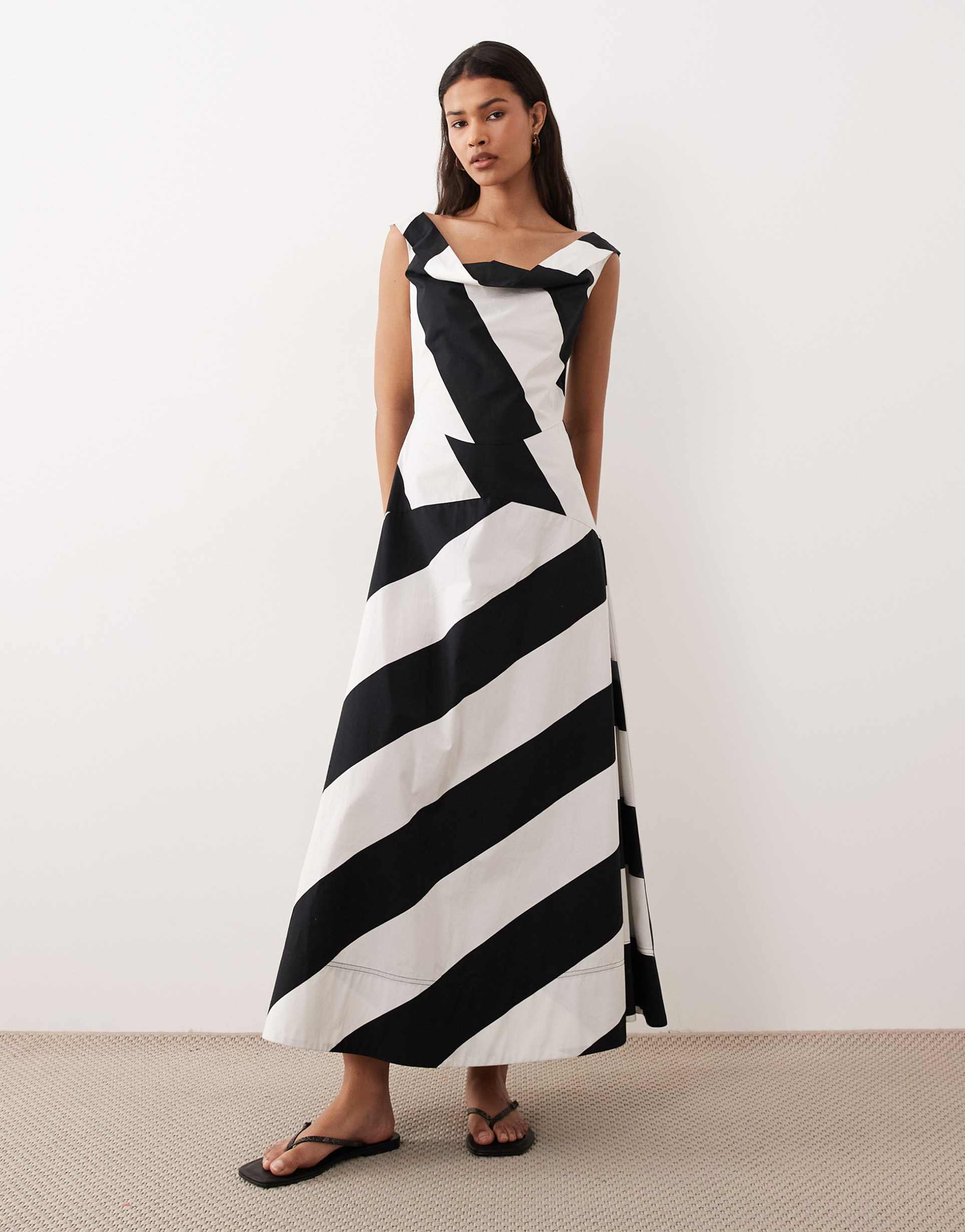 asos design heavy poplin maxi dress with draped neckline in black and white stripe