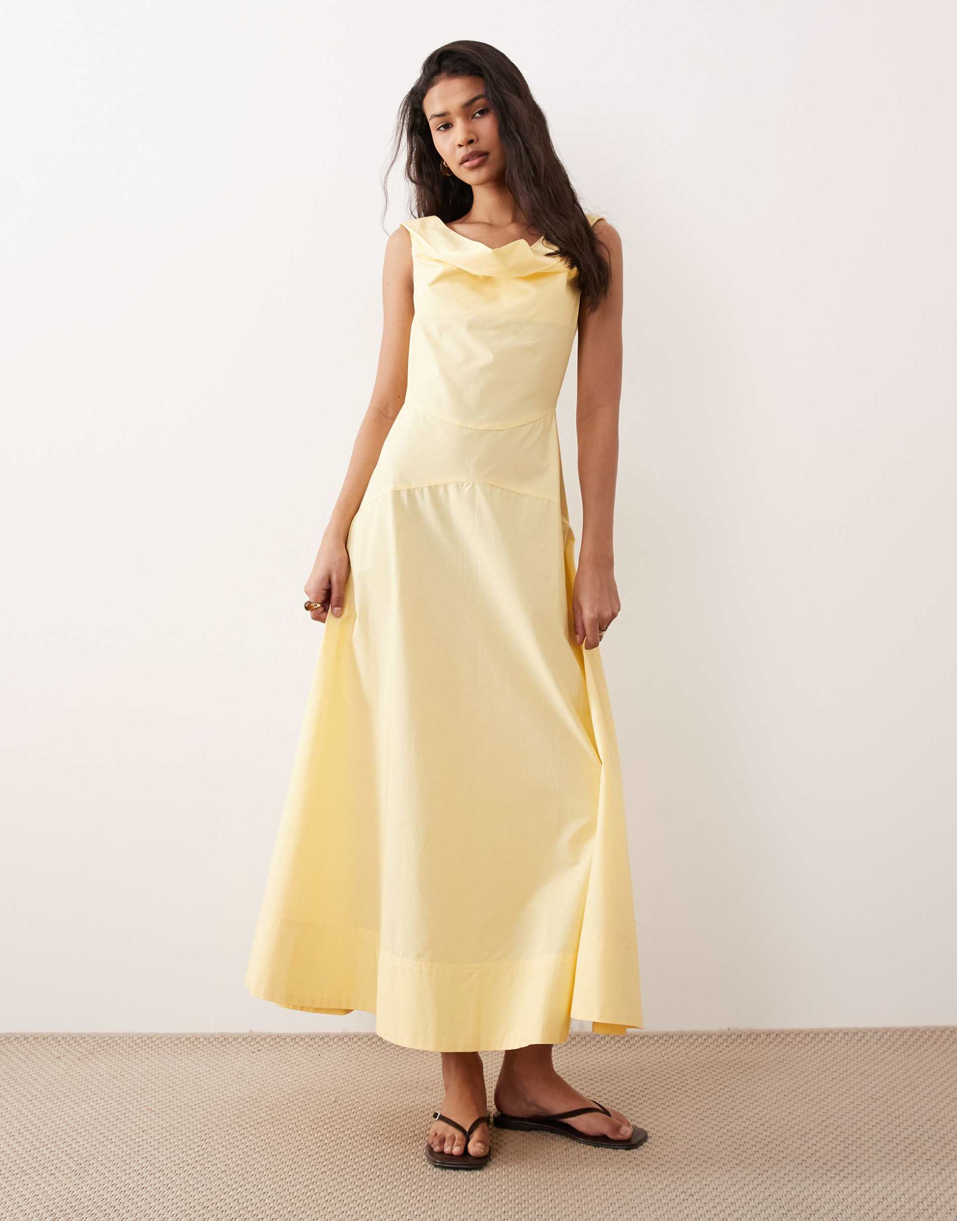 asos design heavy poplin maxi dress with draped neckline in butter yellow