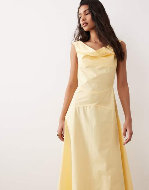 ASOS DESIGN heavy poplin maxi dress with draped neckline in butter yellow, 3 of 4