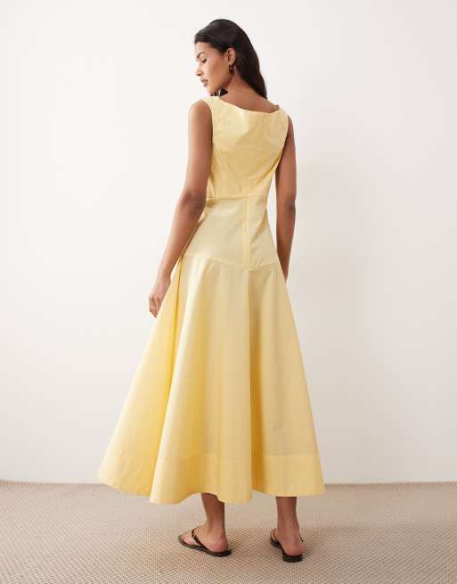 ASOS DESIGN heavy poplin maxi dress with draped neckline in butter yellow, 4 of 4