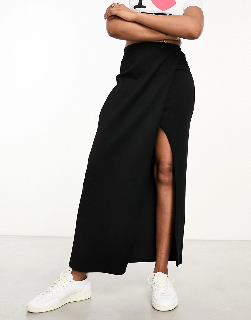 Asos Design Heavy Rib Midi Split Skirt In Black