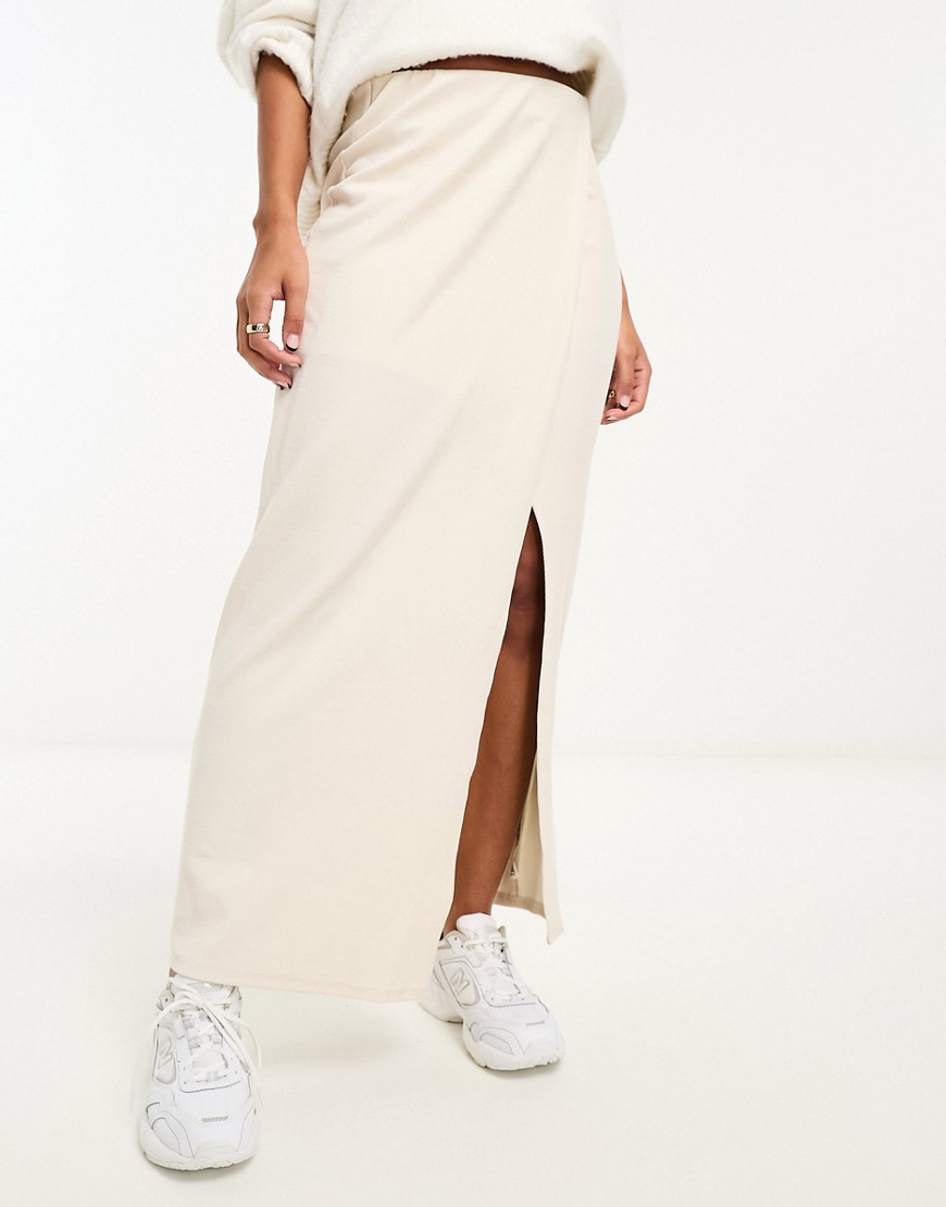 Asos Design Heavy Rib Slit Midi Skirt In Stone-neutral