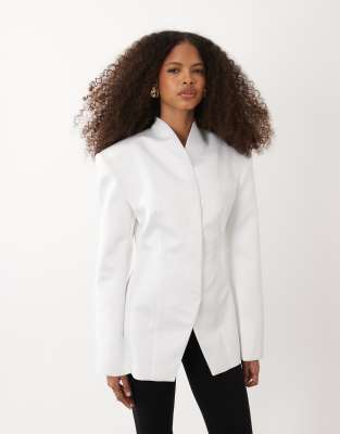 Asos Design Heavy Satin High Neck Cinch Blazer In White