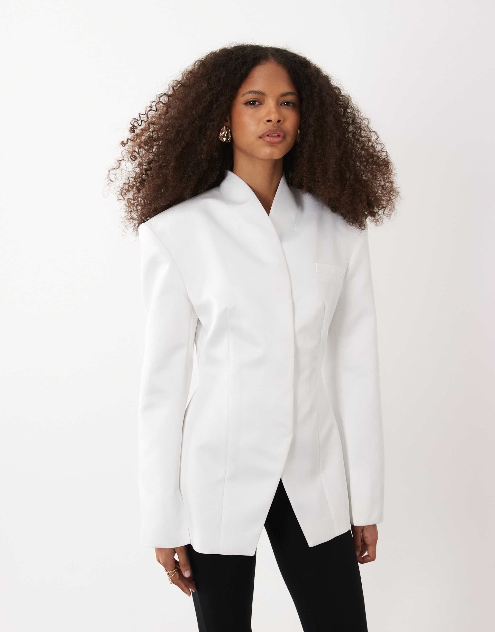 asos design heavy satin high neck cinch blazer in ivory