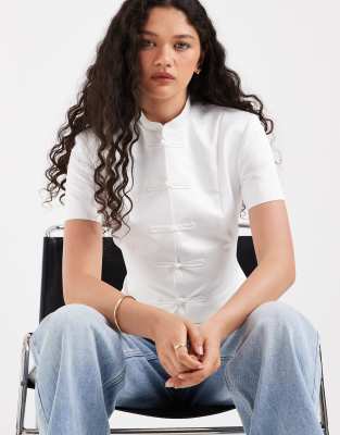 Asos Design Heavy Satin Mandarin Collar Short Sleeve Jacket In White