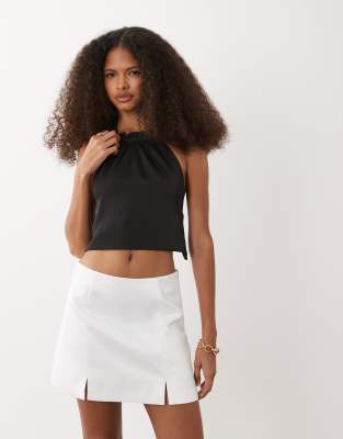 Asos Design Heavy Satin Mini Skirt With Side Slits In White