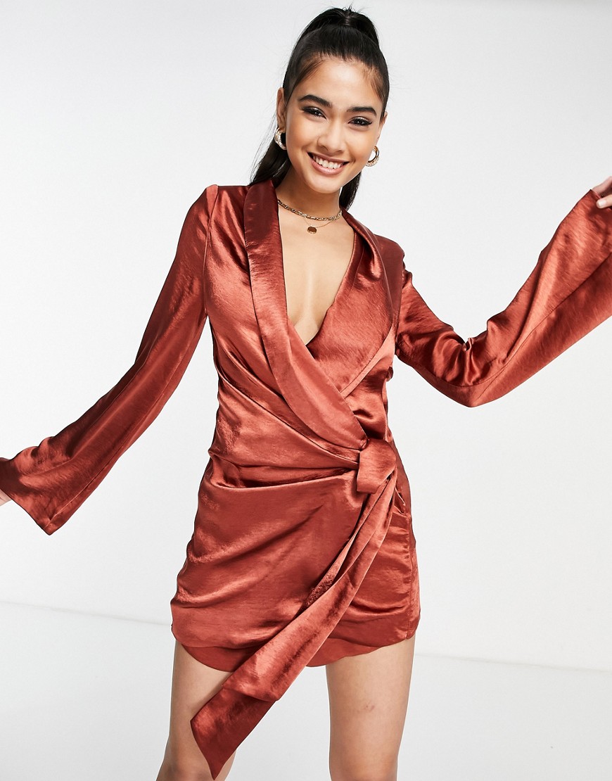 Asos Design Heavy Satin Wrap Knot Front Playsuit In Burgandy-Red