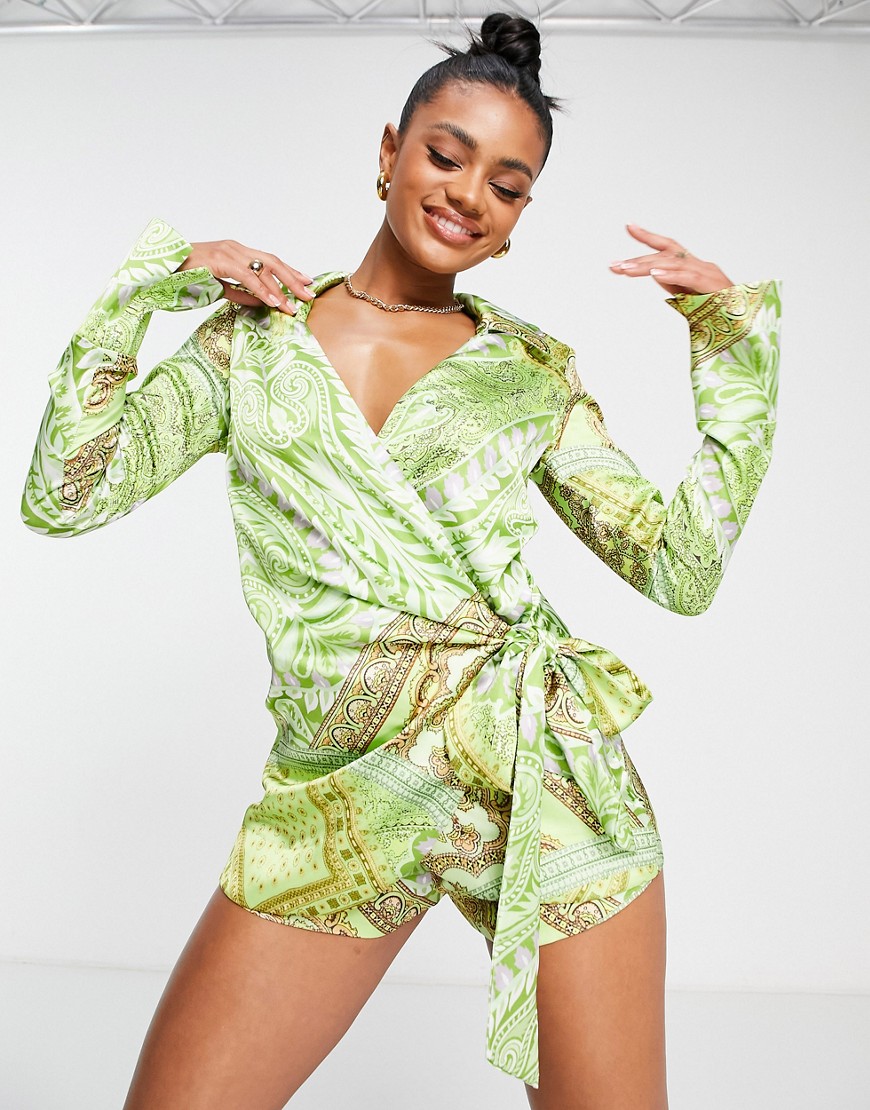 ASOS DESIGN heavy satin wrap knot front playsuit in paisley print-Multi