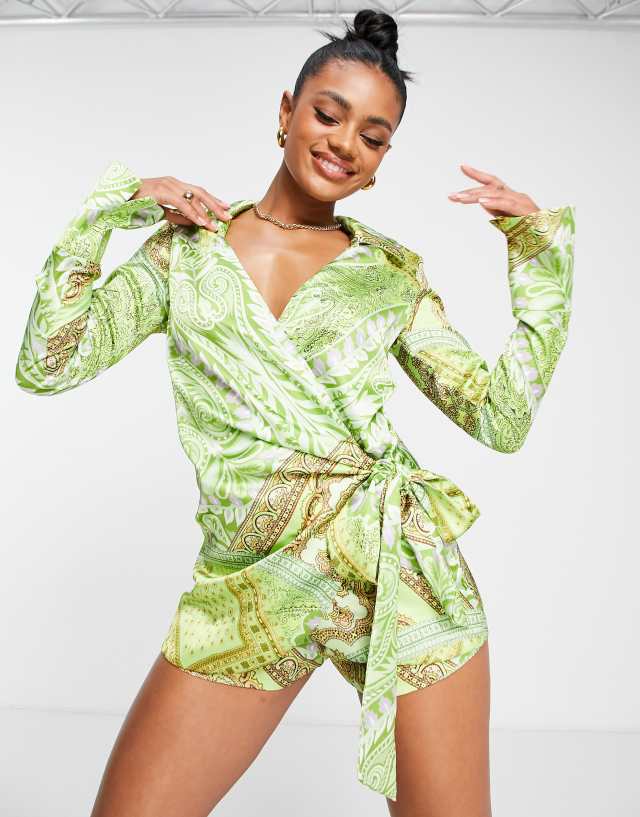 ASOS DESIGN heavy satin wrap knot front romper in paisley print